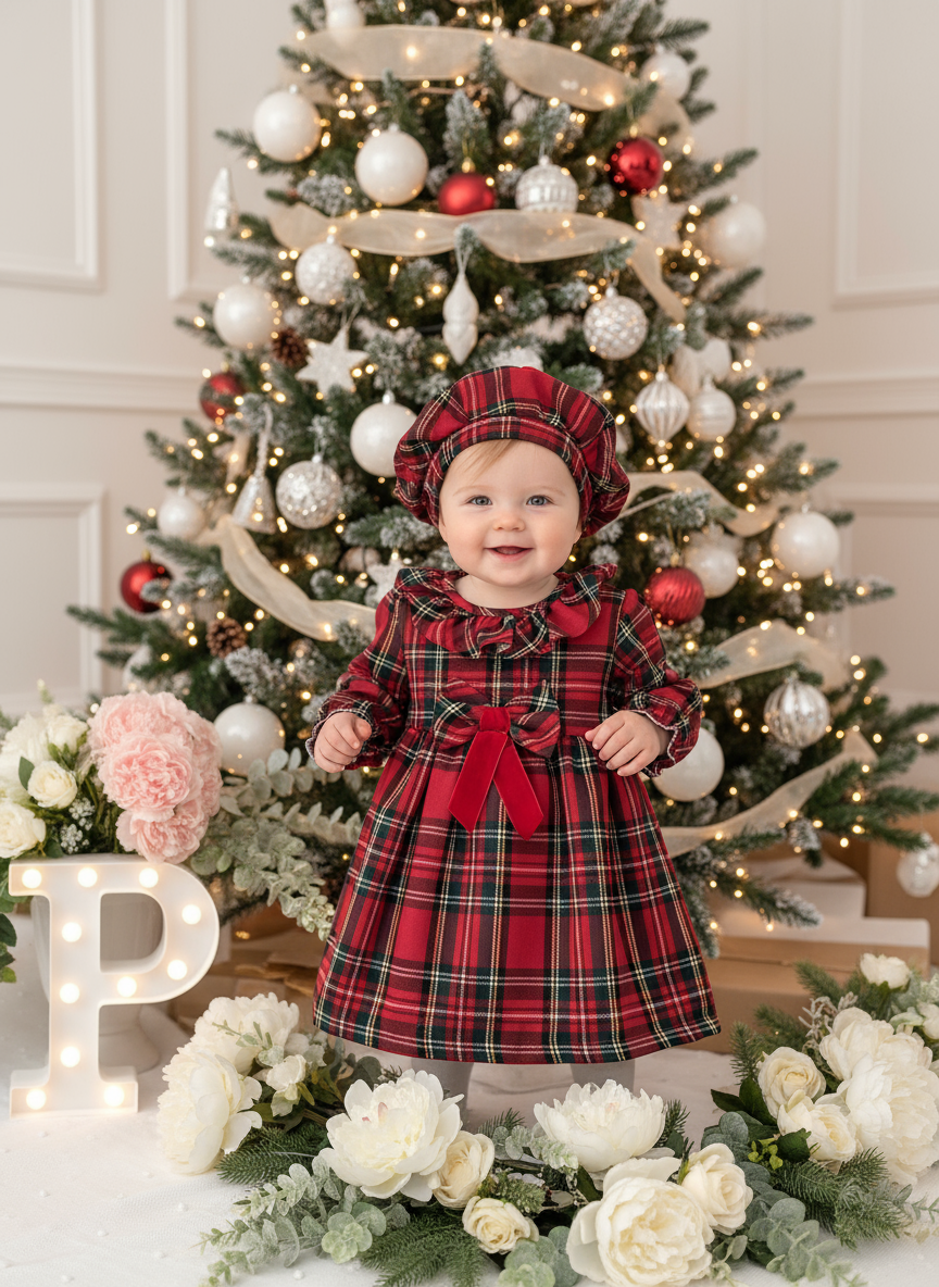Conjunto Menina Tartan Vermelho - Vestido e Bóina