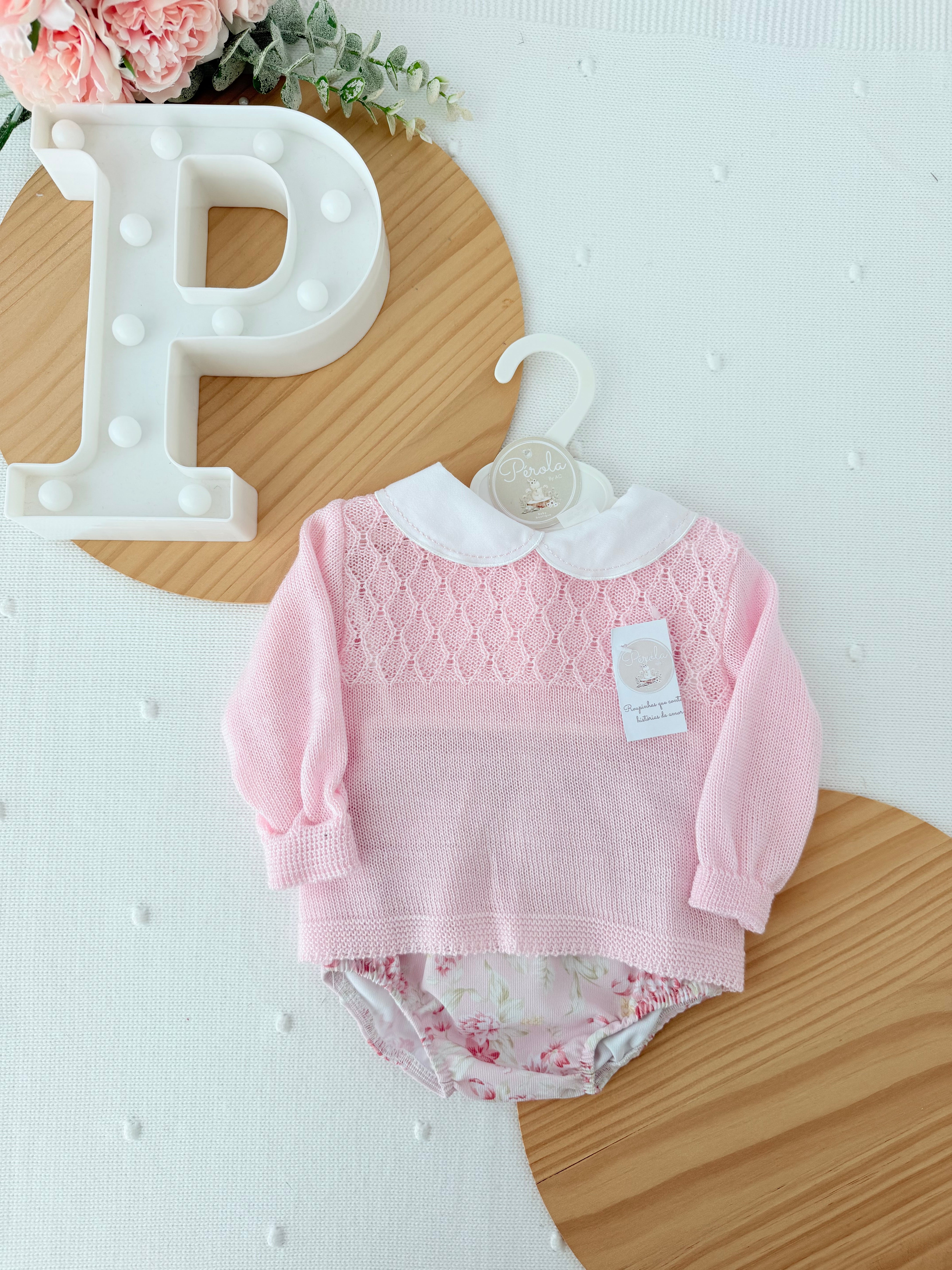 Conjunto rosa: camisola e tapa fraldas 1/3M