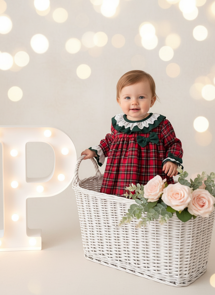 Vestido tartan com detalhes em verde