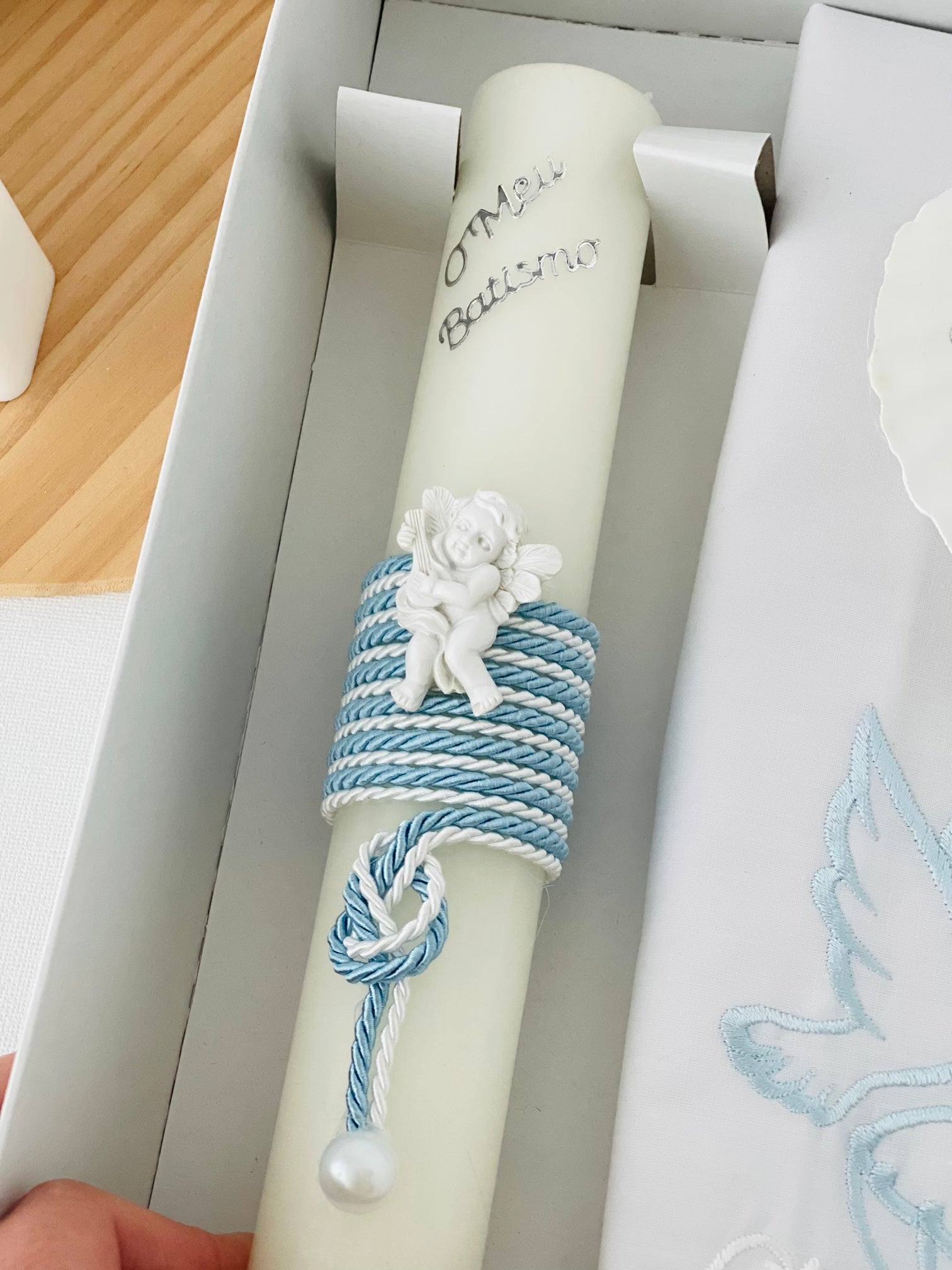 Conjunto para Batizado: vela, toalha e concha Batizado Pomba