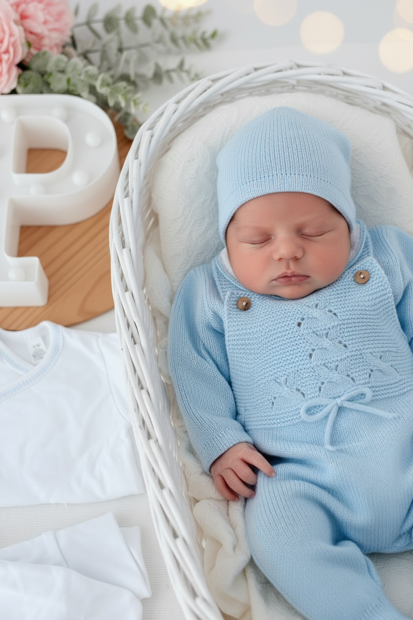 Pack saída de maternidade Azul 5 peças: body, calças, jardineiras, camisola e gorro