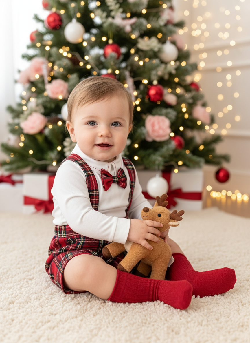 Conjunto xadrez vermelho menino Natal: calções, camisa em flanela e laço xadrez 2.0