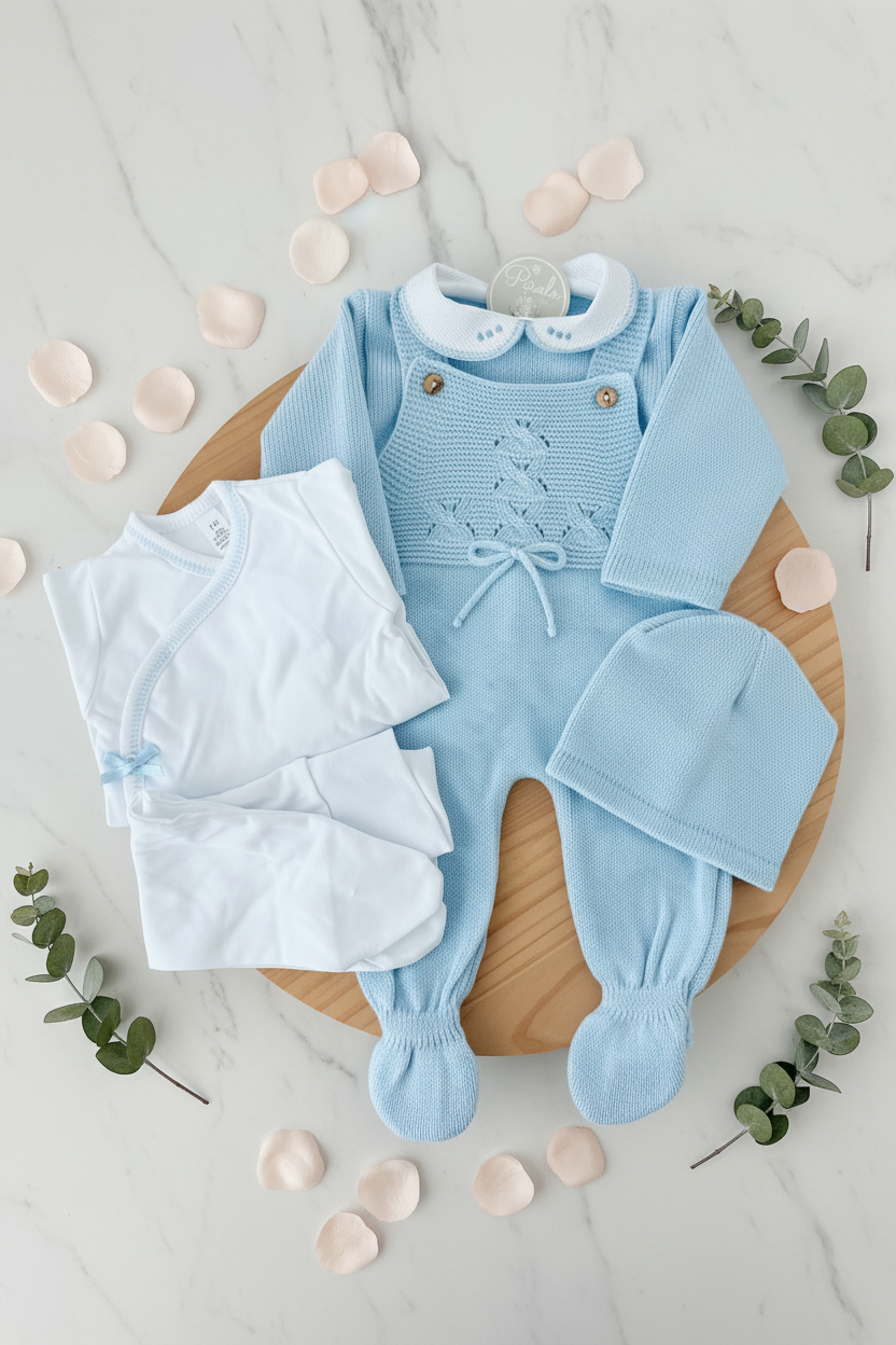 Pack saída de maternidade Azul 5 peças: body, calças, jardineiras, camisola e gorro