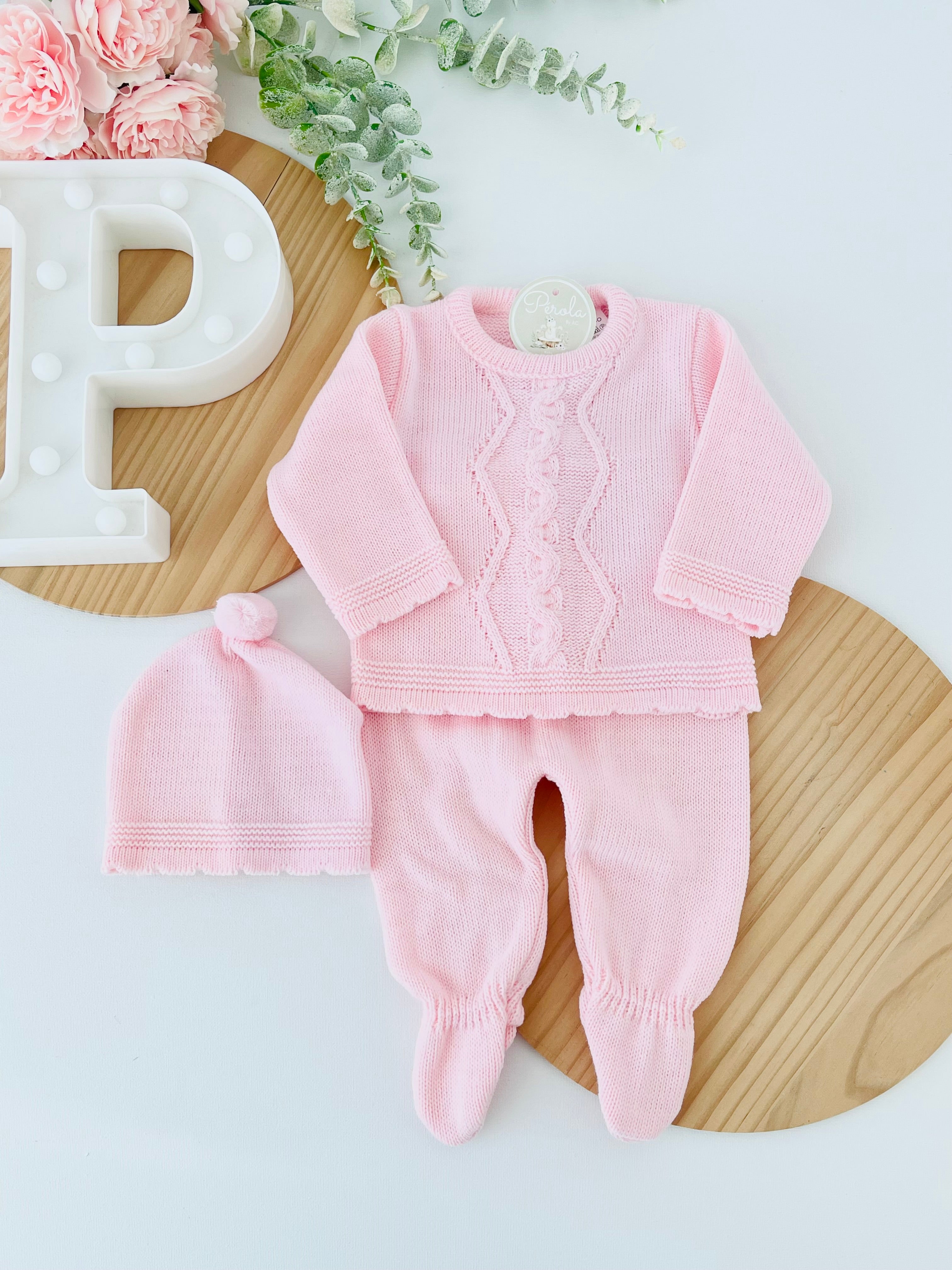 Conjunto malha trança : camisola, calças e gorro