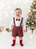 Conjunto xadrez vermelho menino Natal: calções, camisa em flanela e laço xadrez 2.0