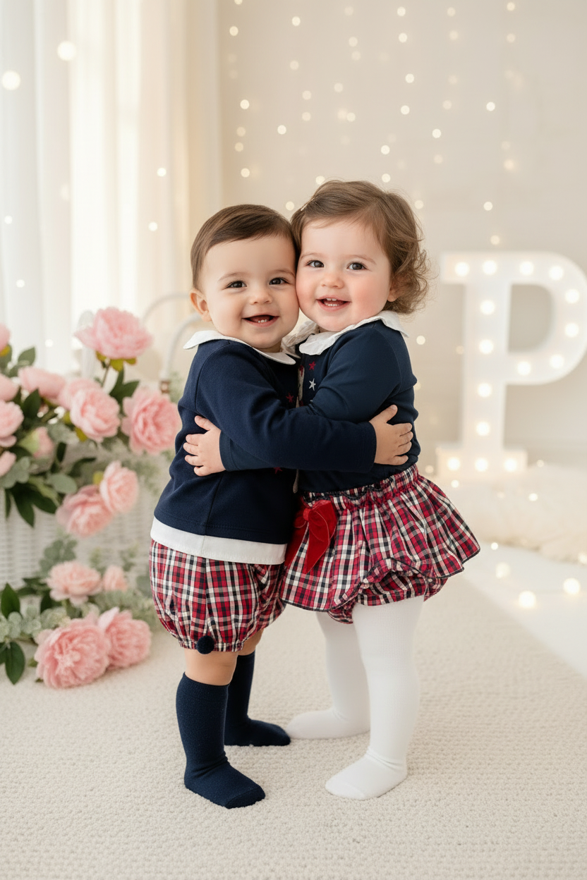 Conjunto ursinho xadrez:  camisola e saia/tapa fraldas