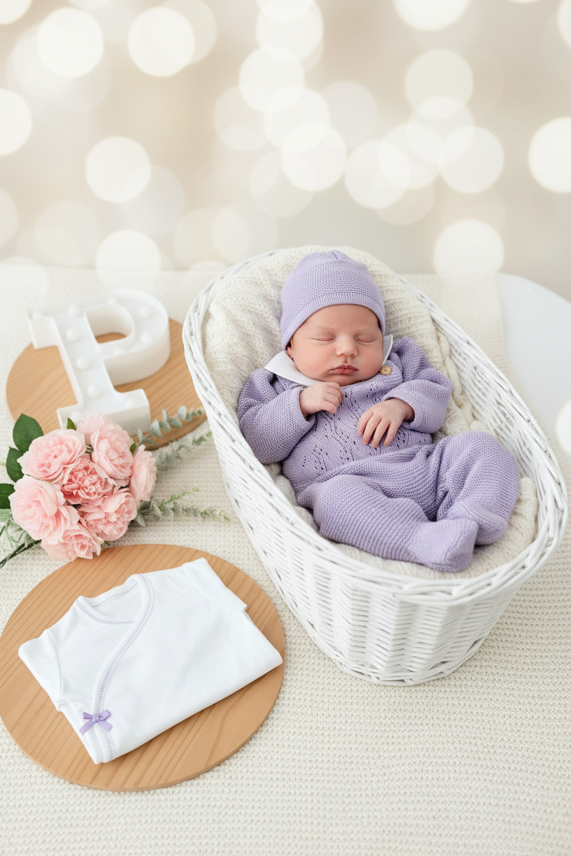 Pack saída de maternidade Lavanda 5 peças: body, calças, jardineiras, camisola e gorro