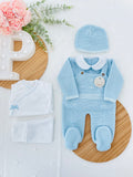 Pack saída de maternidade Azul 5 peças: body, calças, jardineiras, camisola e gorro