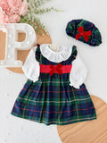 Conjunto xadrez verde : vestido, blusa e bóina