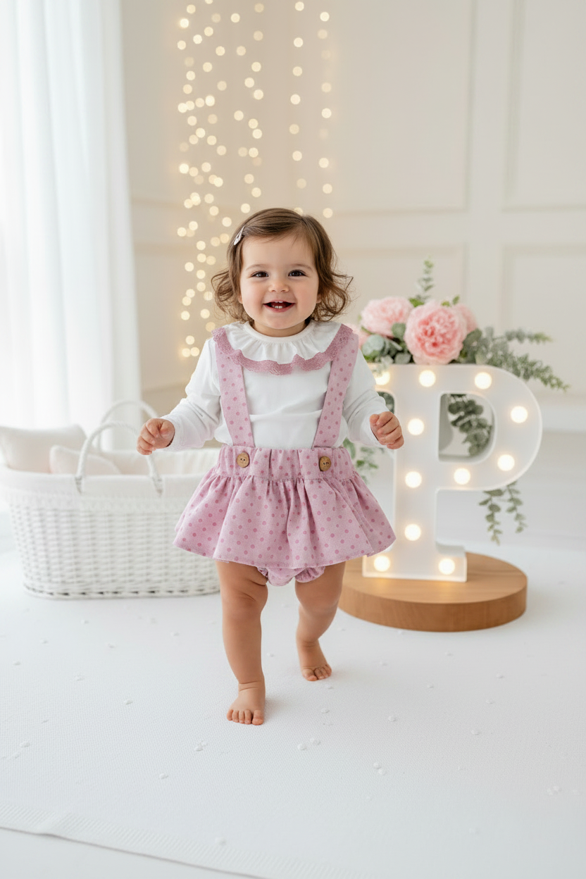 Conjunto Bolinhas Rosa: Blusa + Jardineiras com Laço