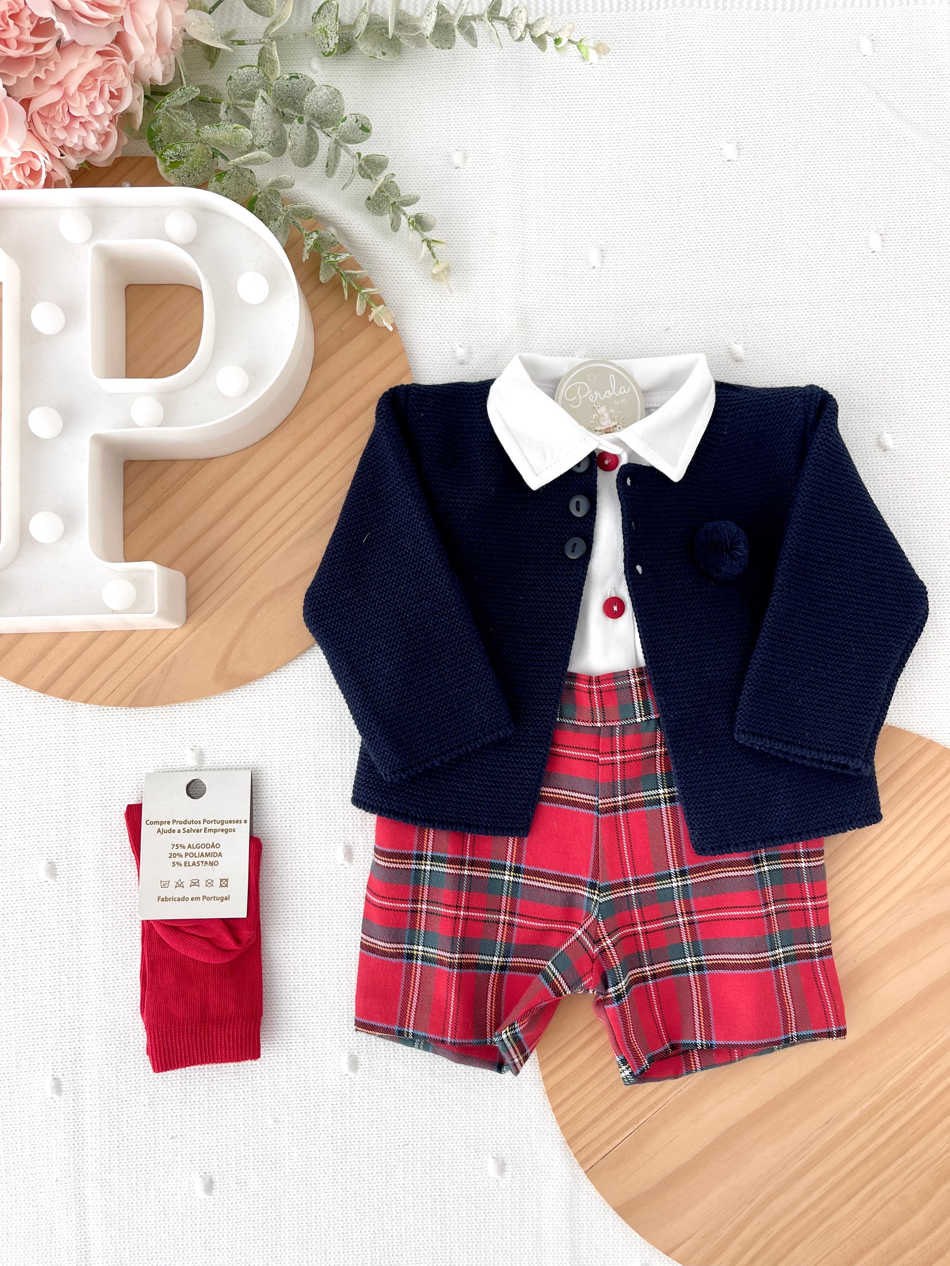 Conjunto Menino Tartan Vermelho e Azul - Calções com Alças e Camisa