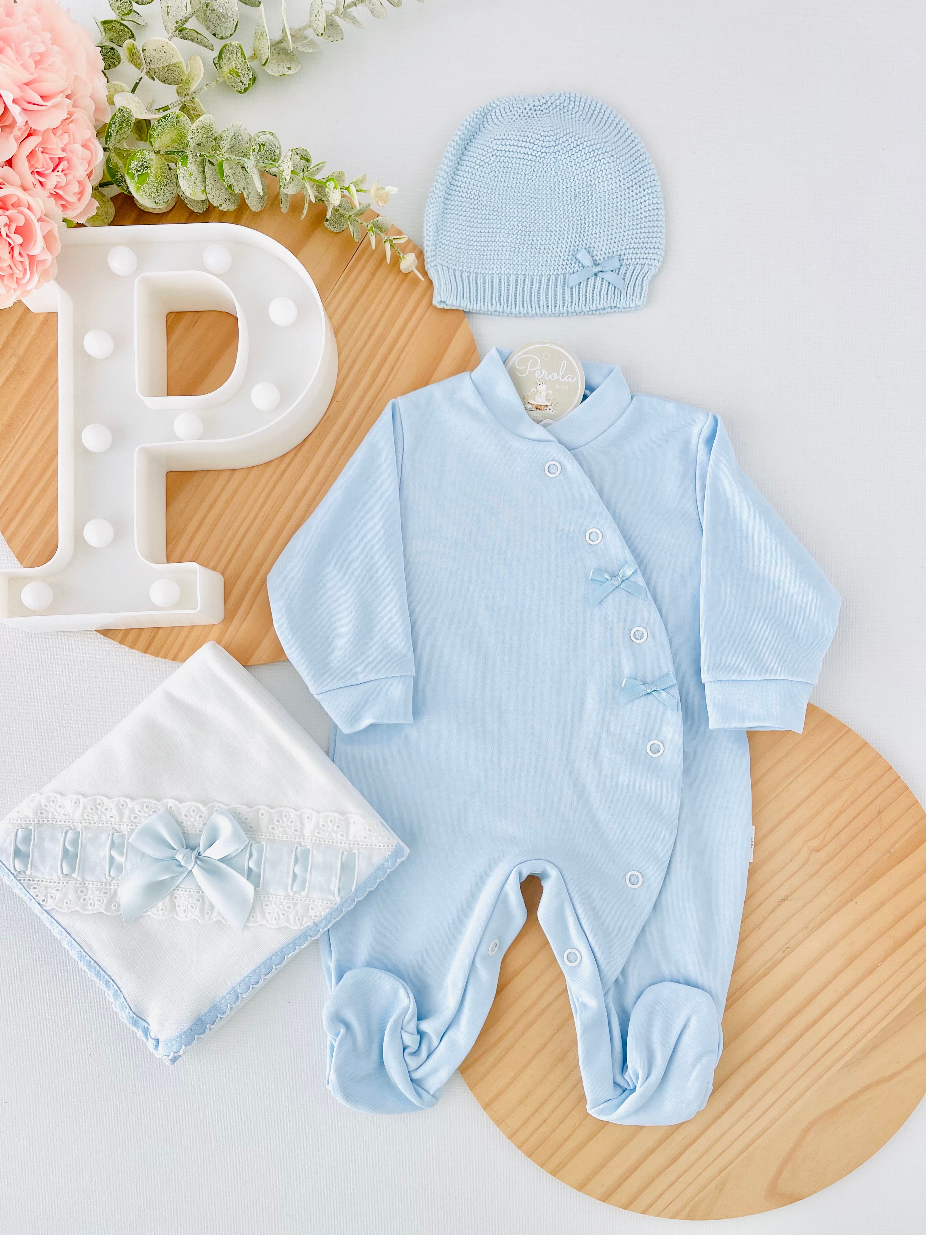 Pack 3 peças AZUL : Babygrow, gorro malha e fralda bordado inglês