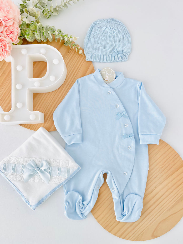 Pack 3 peças AZUL : Babygrow, gorro malha e fralda bordado inglês