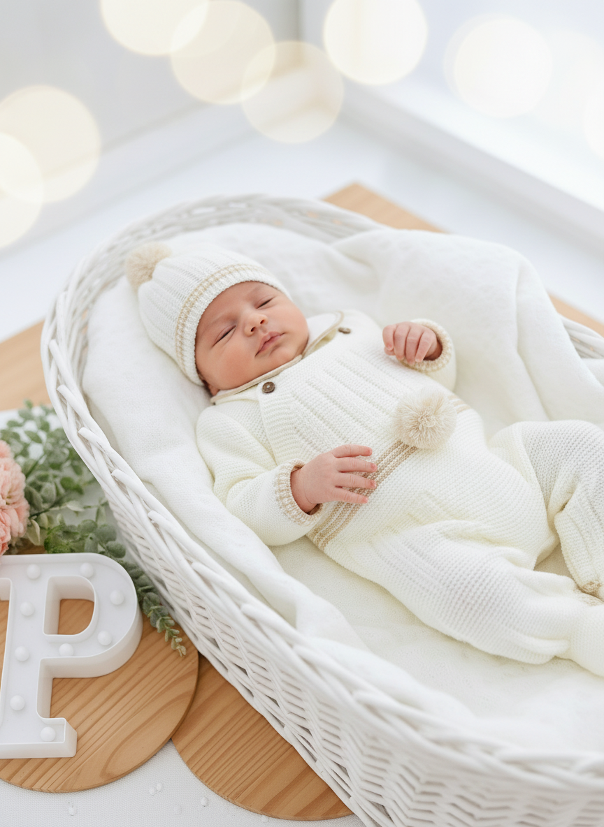 Conjunto Pompom Pérola: jardineiras, camisola e gorro