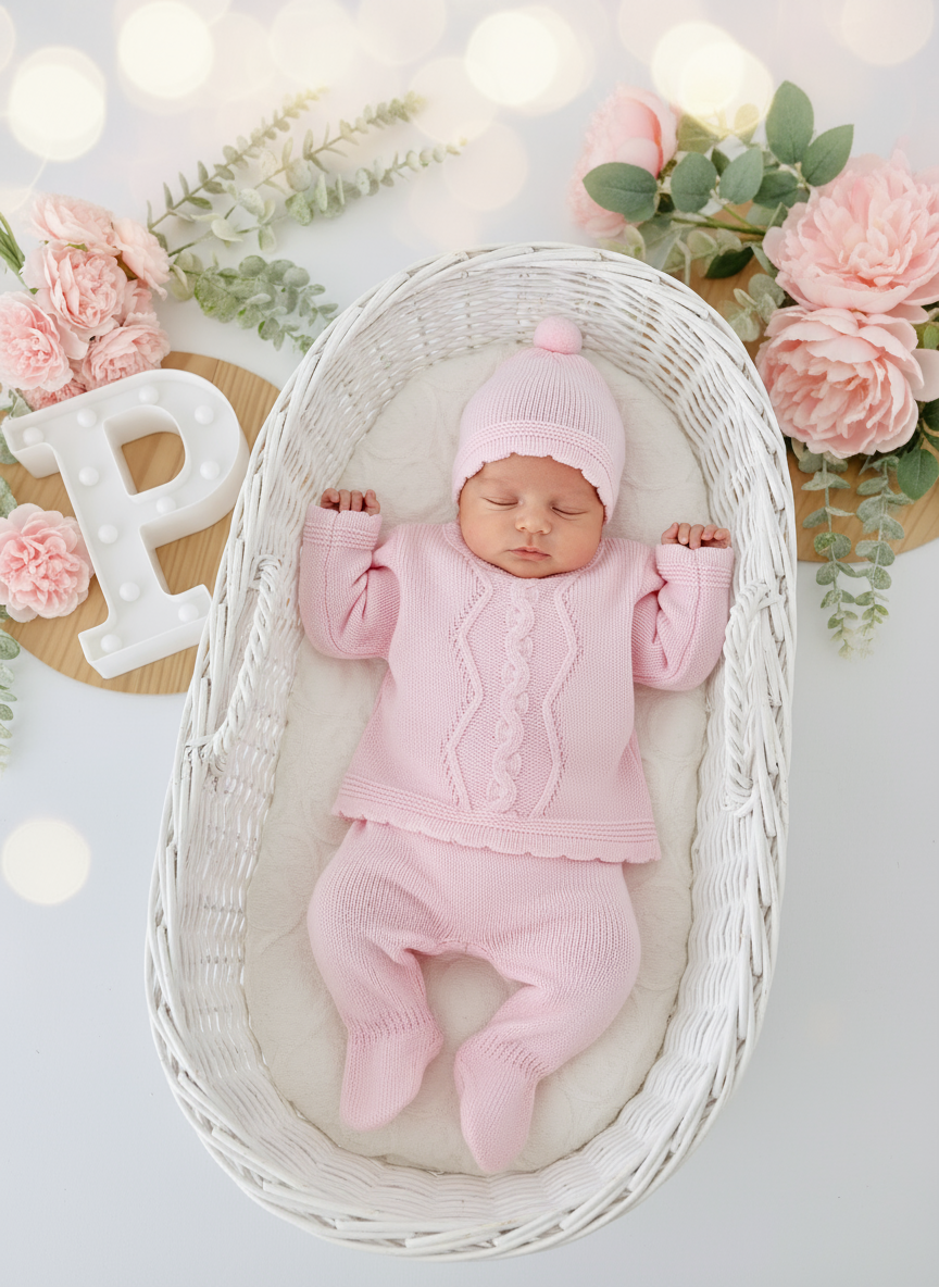 Conjunto malha trança : camisola, calças e gorro