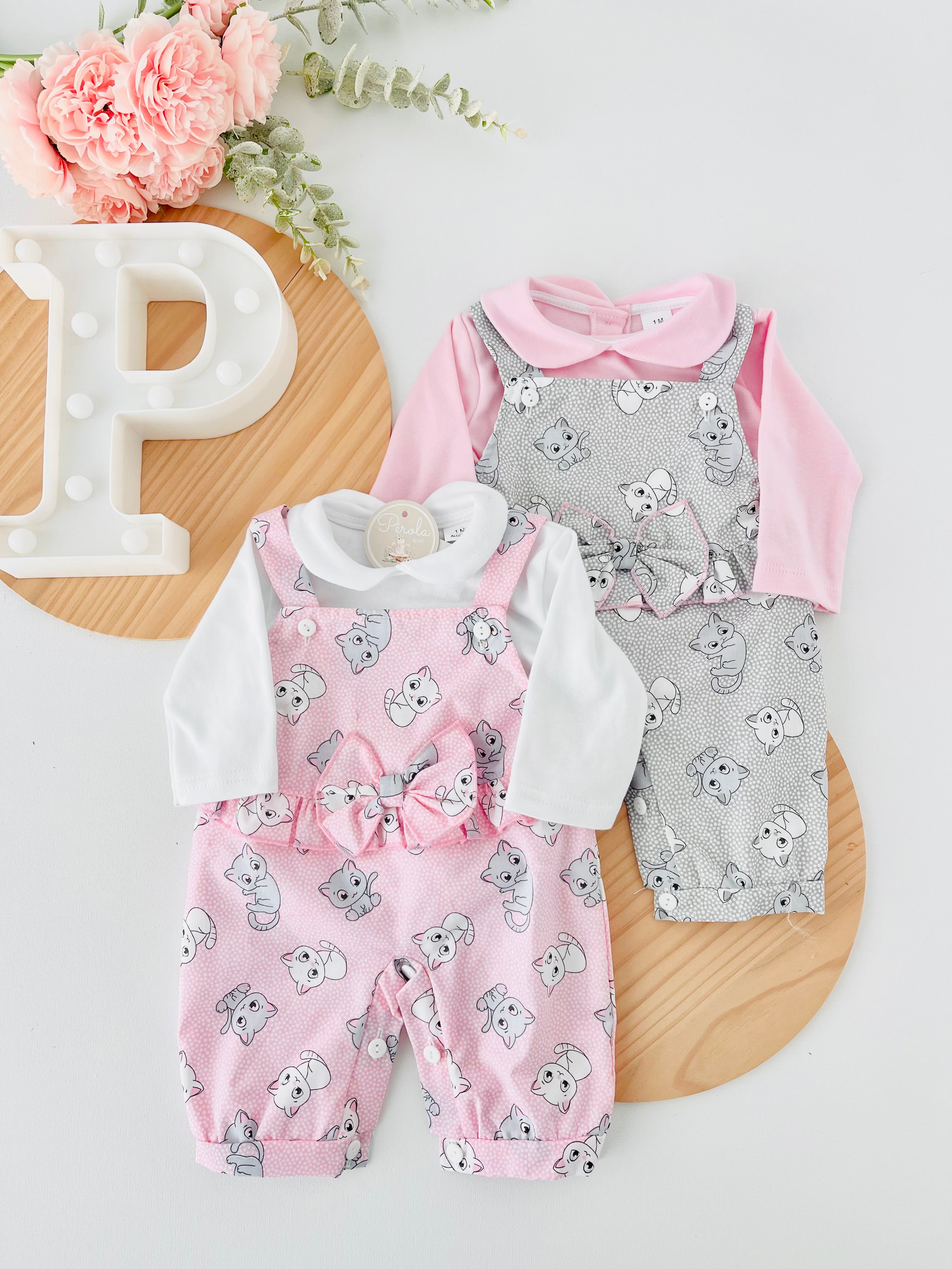 Conjunto gatinhos: Jardineiras e camisola