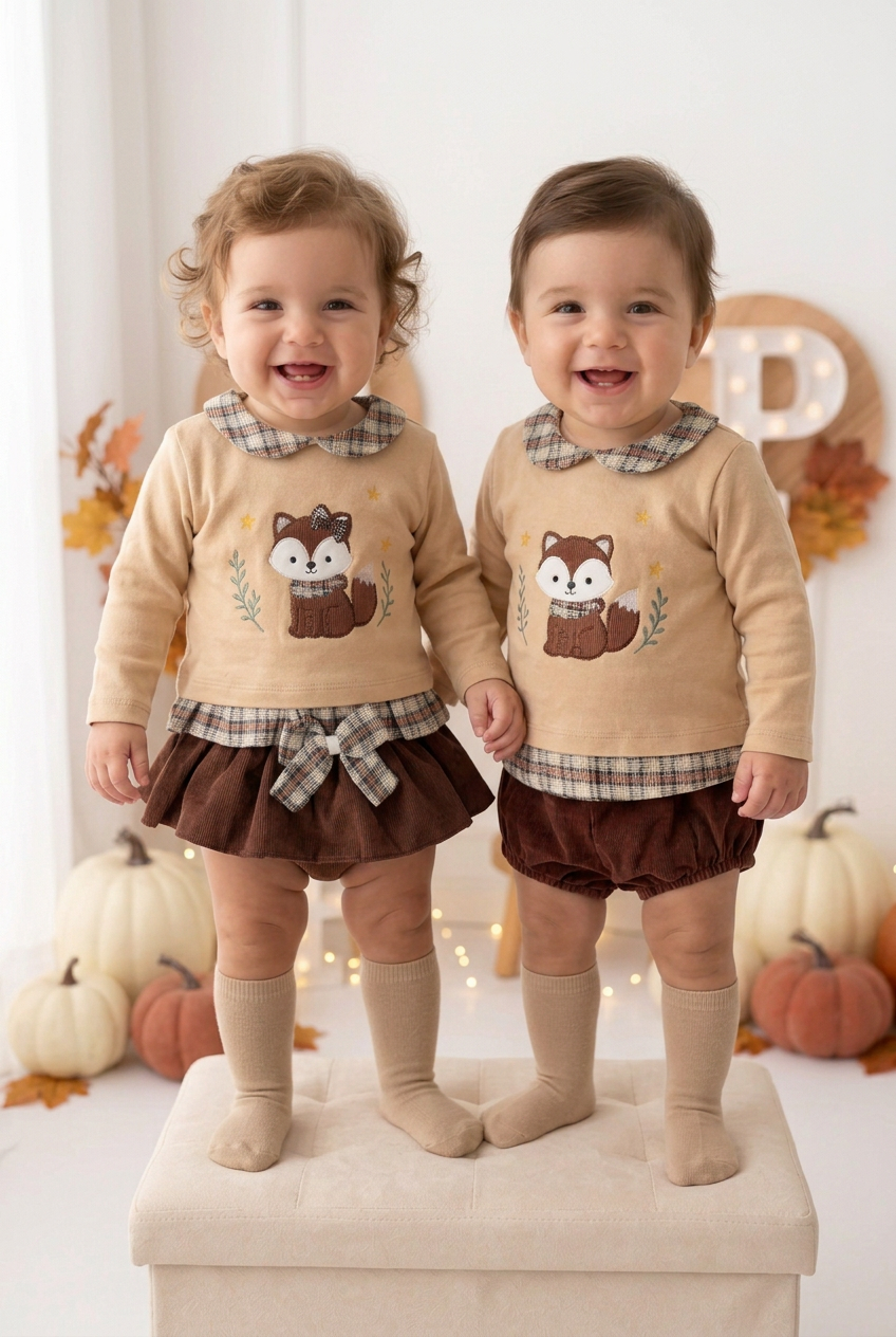 Conjunto raposa: camisola e saia/tapa fraldas