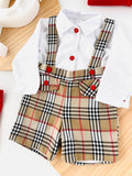Conjunto menino xadrez estilo Burberry: Calções com alças e camisa