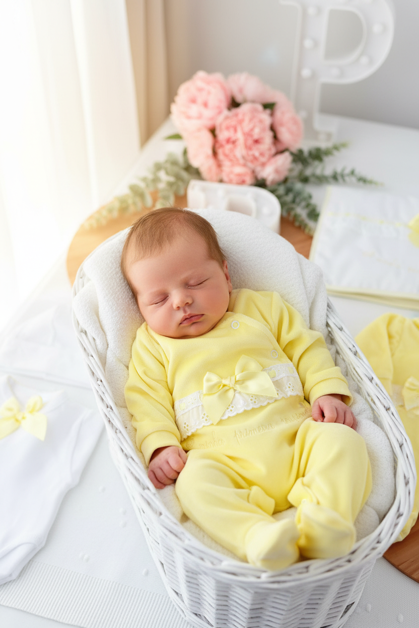 Conjunto primeira roupinha veludo em Amarelo