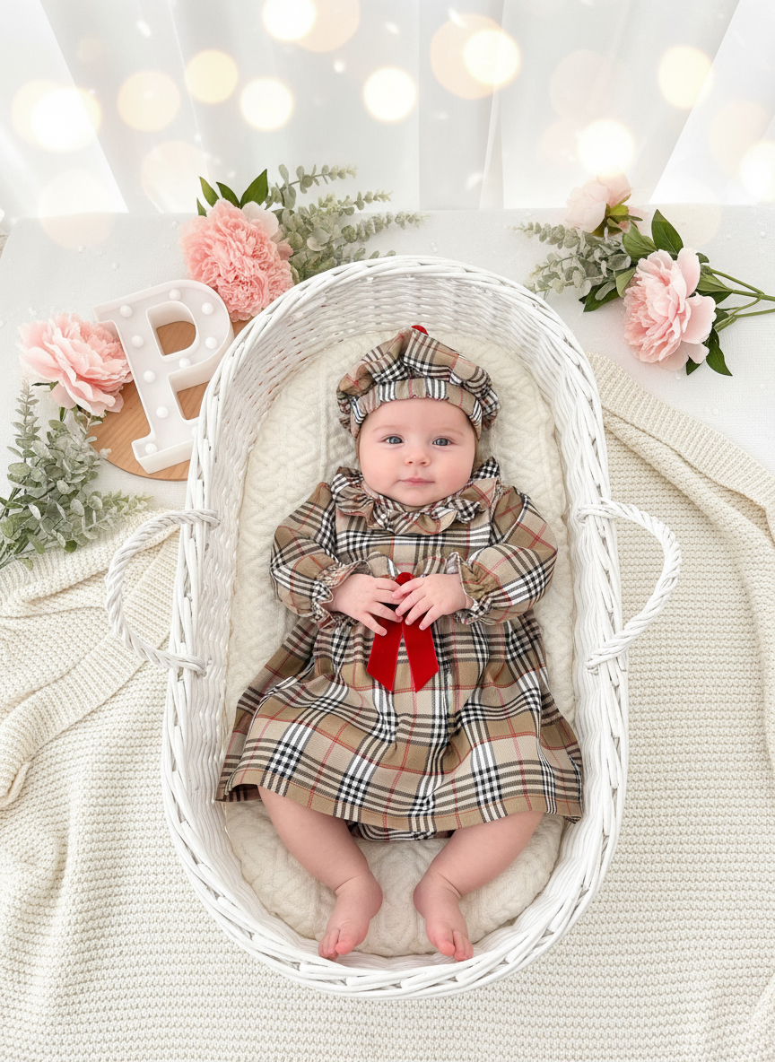 Conjunto Menina estilo Burberry - Vestido e Bóina