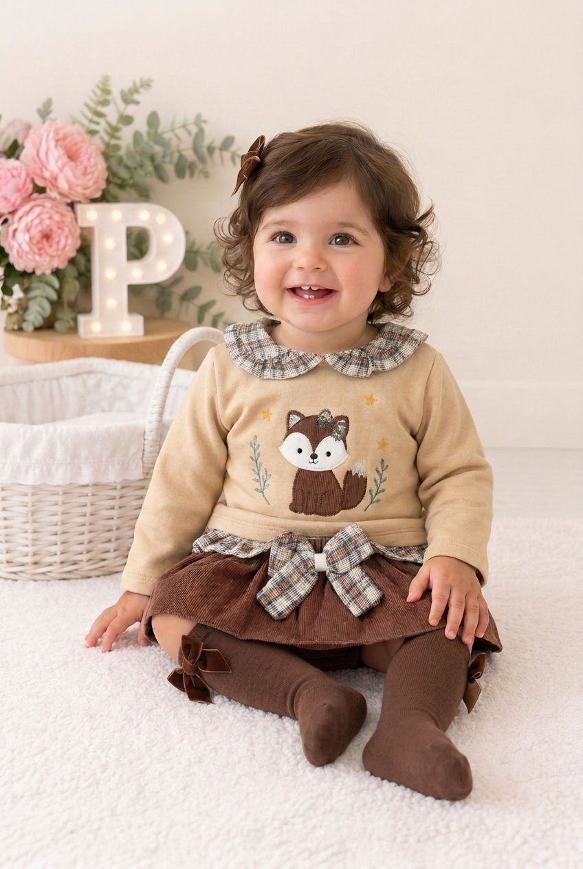 Conjunto raposa: camisola e saia/tapa fraldas