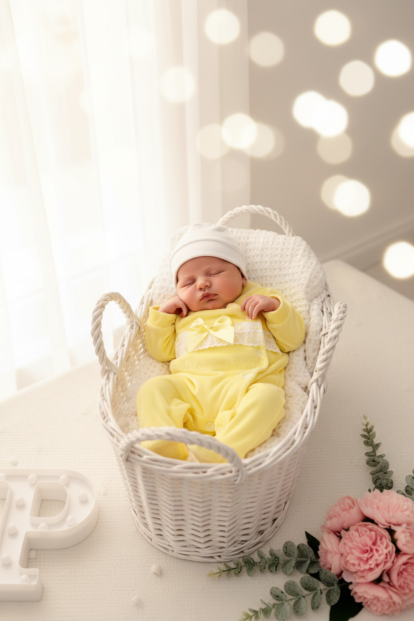Conjunto primeira roupinha veludo em Amarelo