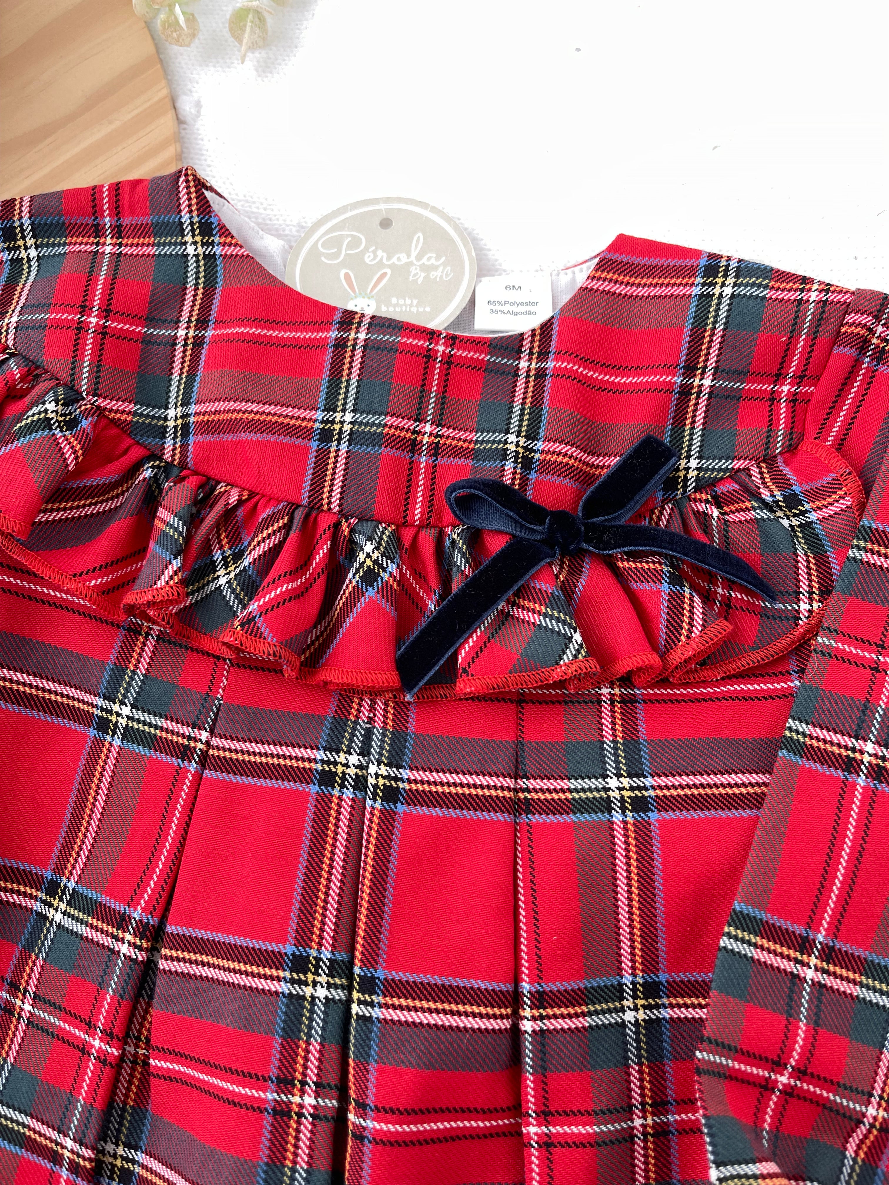 Vestido xadrez vermelho com laço azul veludo