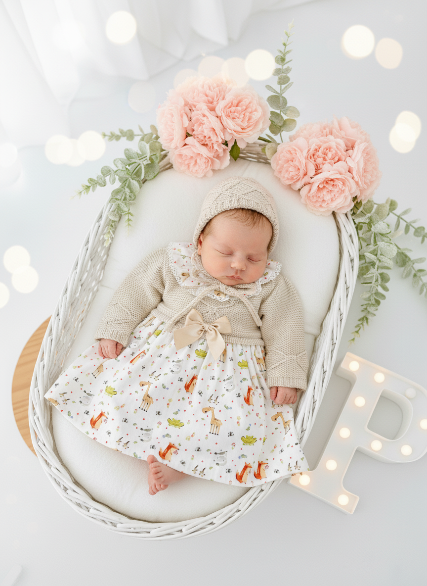 Vestido e touca Bege