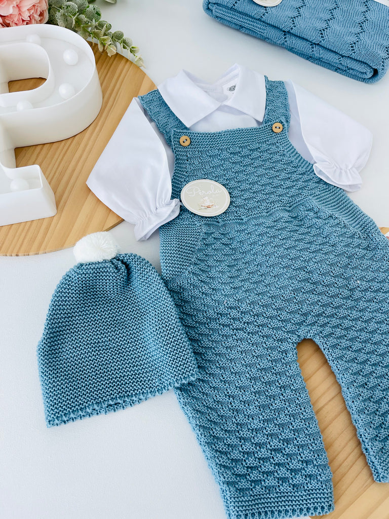 Saída de maternidade AZUL Cobalto : jardineiras, camisa e gorro 100% algodão Primavera/Verão