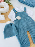 Saída de maternidade AZUL Cobalto : jardineiras, camisa e gorro 100% algodão Primavera/Verão