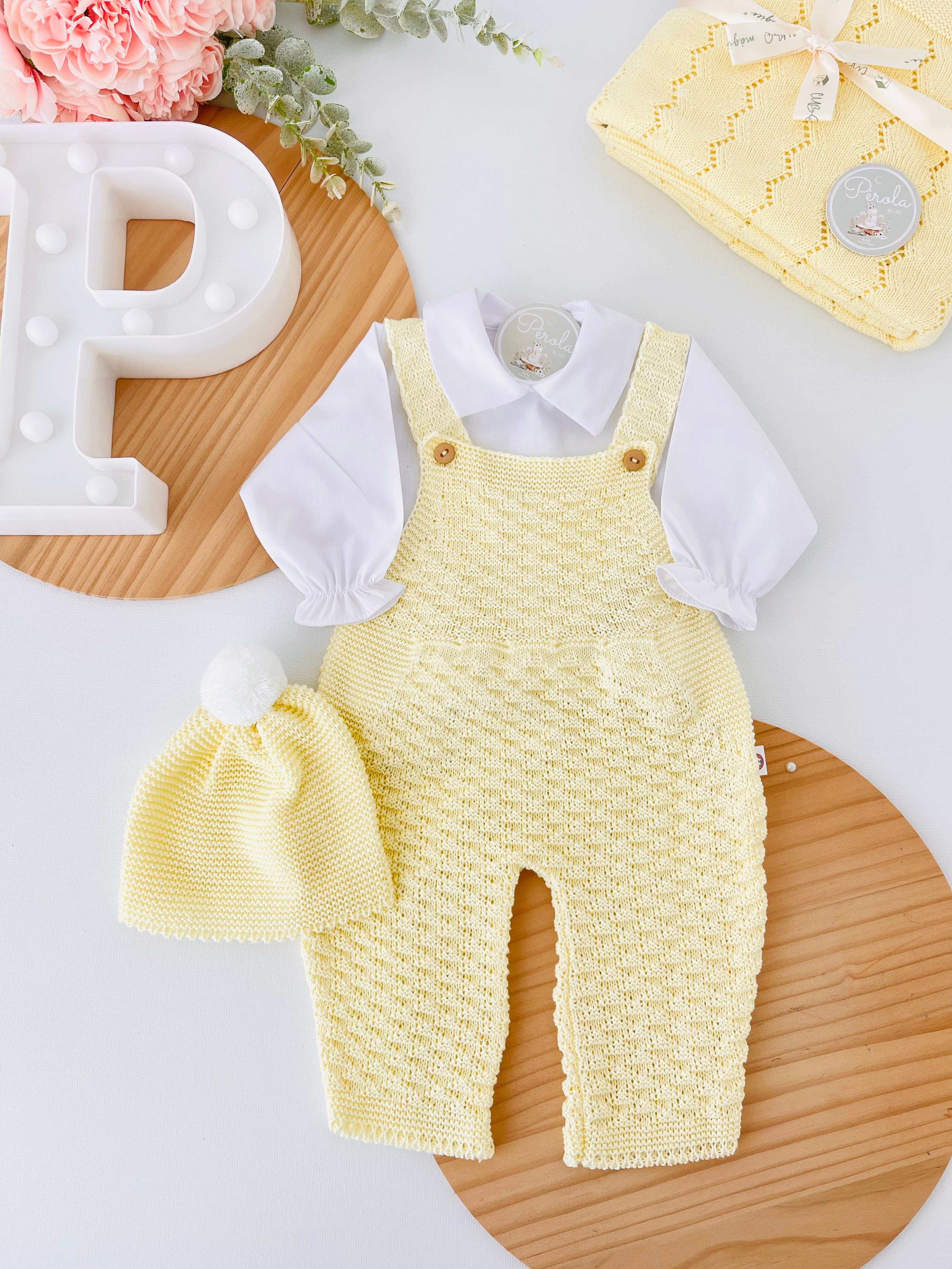 Saída de maternidade  amarelo : jardineiras, camisa e gorro 100% algodão Primavera/Verão