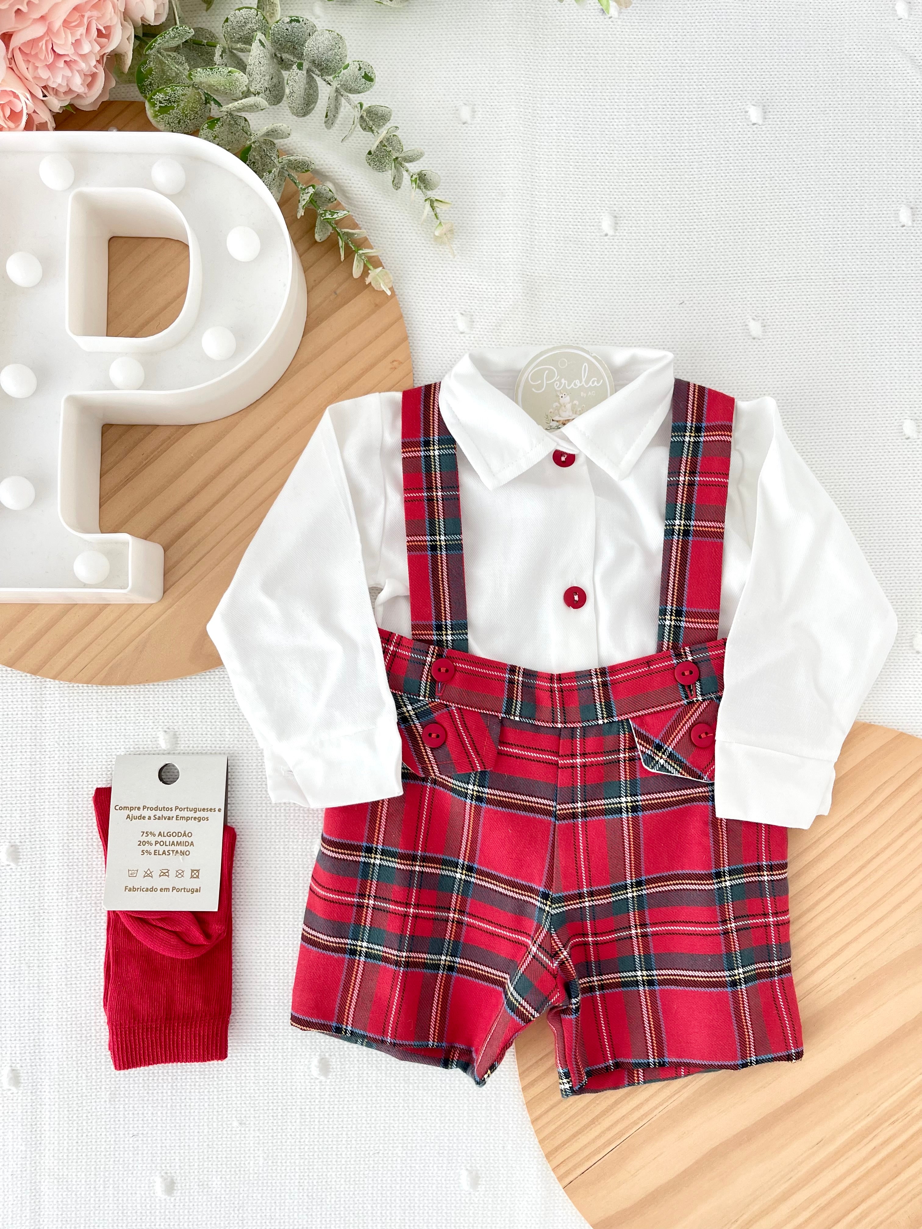 Conjunto Menino Tartan Vermelho e Azul - Calções com Alças e Camisa