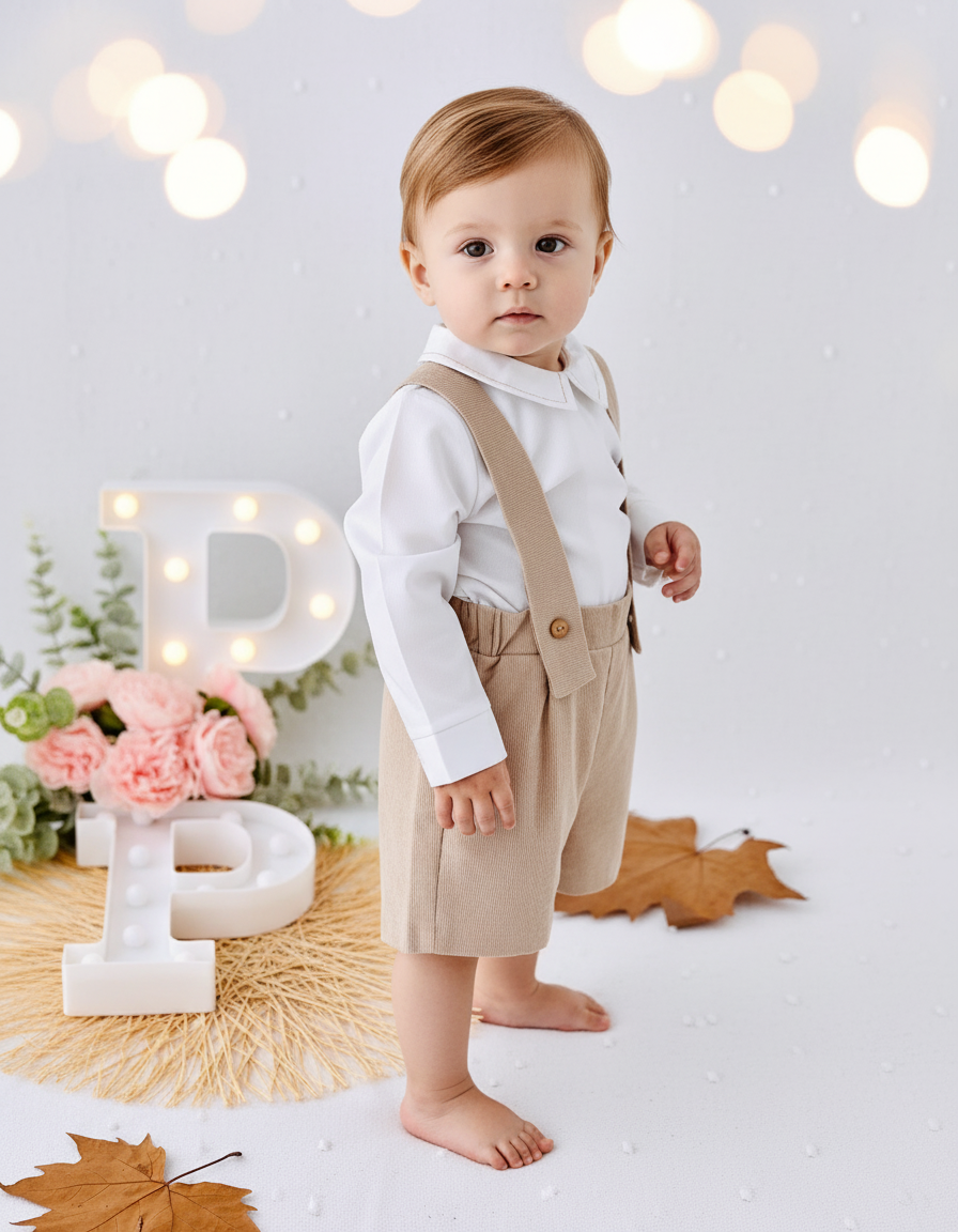 Conjunto menino bege: Calções bombazine e camisa- Outono/Inverno