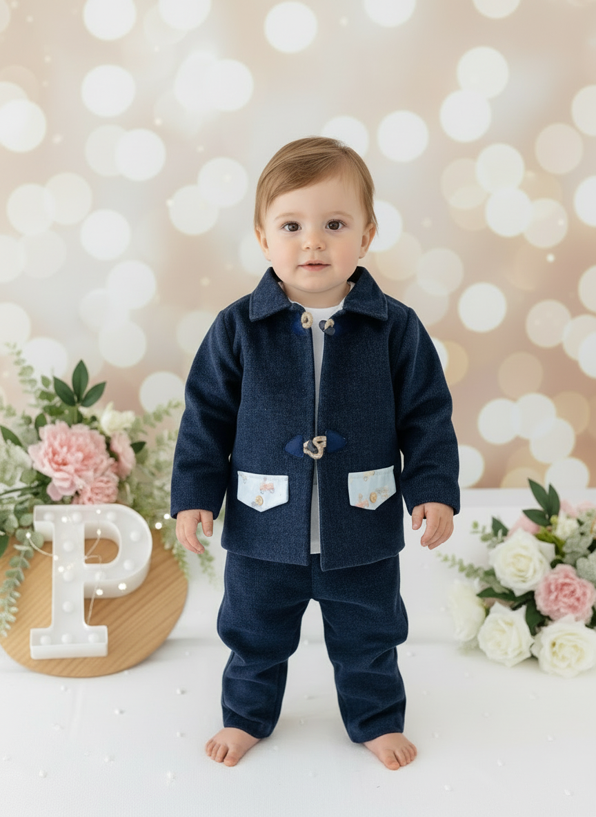 Conjunto menino 3 peças: casaco, calças e camisola