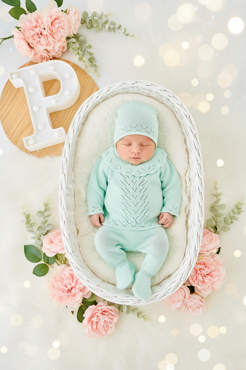 Conjunto recém-nascido com golinha: camisola, calças e touca Primavera Verão