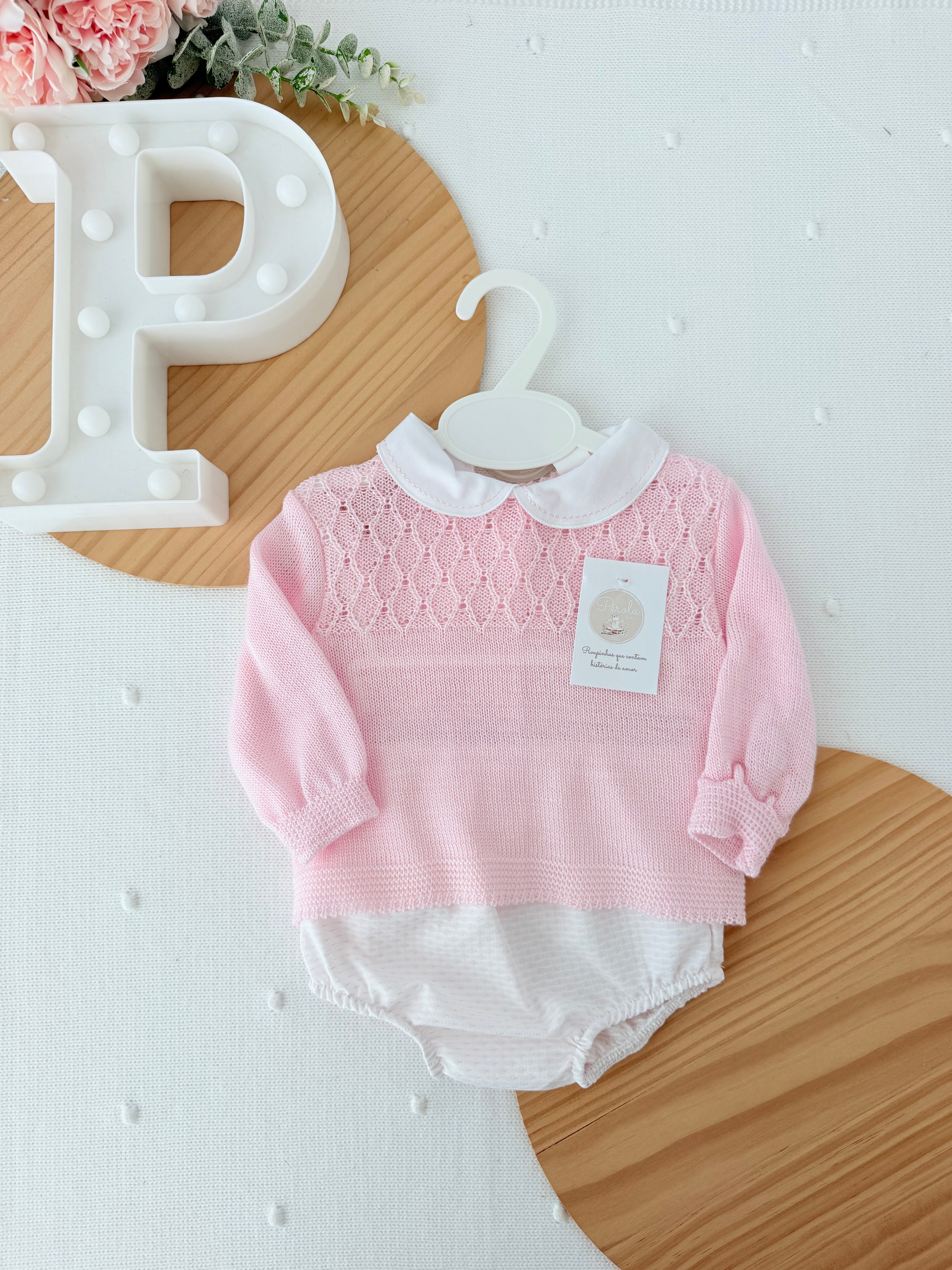 Conjunto rosa: camisola e tapa fraldas 1/3M