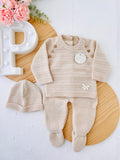 Conjunto malha quentinha riscas: camisola, calças e gorro