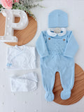 Pack saída de maternidade Azul 5 peças: body, calças, jardineiras, camisola e gorro
