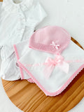 Pack 3 peças Branco/ROSA: Babygrow, gorro malha e fralda