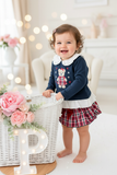 Conjunto ursinho xadrez:  camisola e saia/tapa fraldas