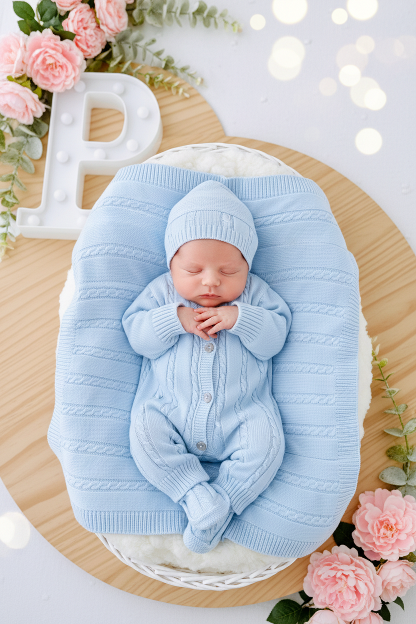 Baby Box AZUL- Pack Saída de maternidade 4 peças(manta, babygrow, gorro e carapins)