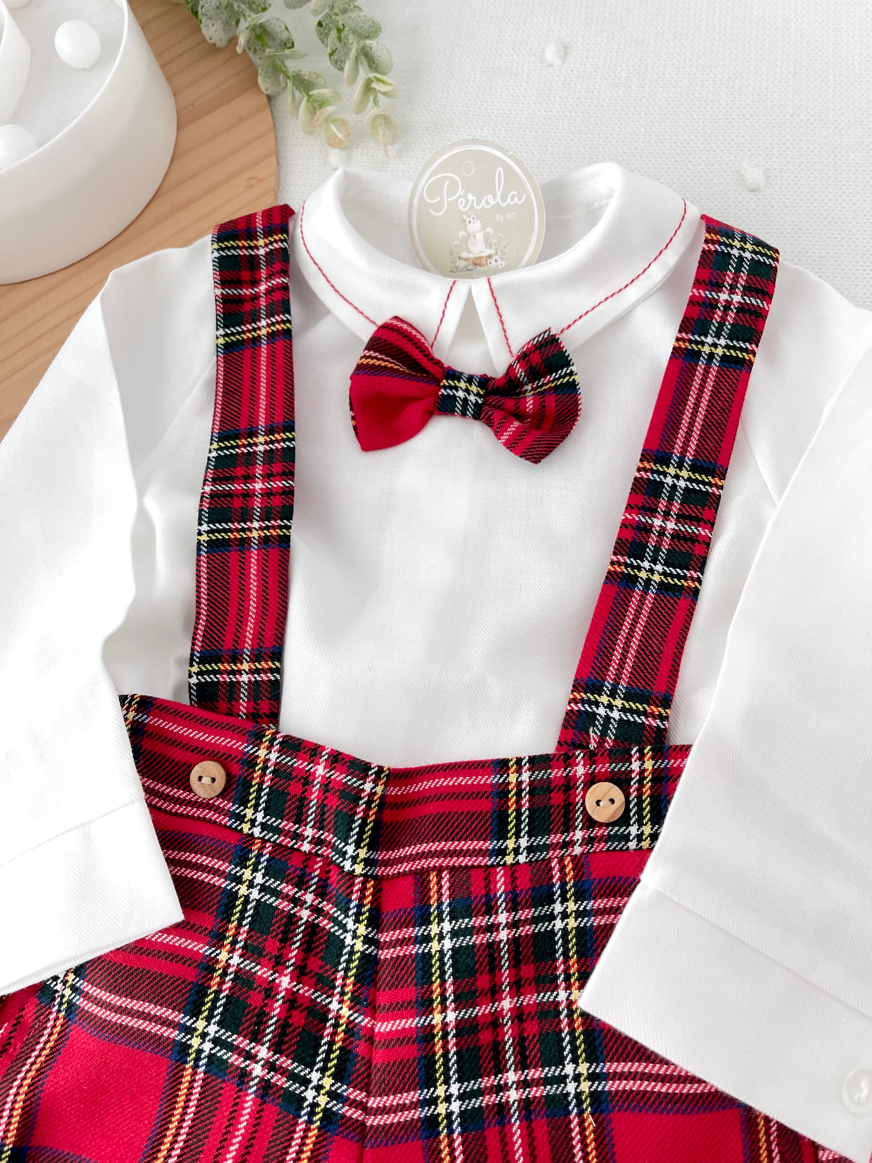 Conjunto xadrez vermelho menino Natal: calções, camisa em flanela e laço xadrez 2.0