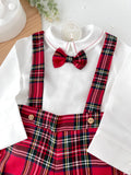 Conjunto xadrez vermelho menino Natal: calções, camisa em flanela e laço xadrez 2.0