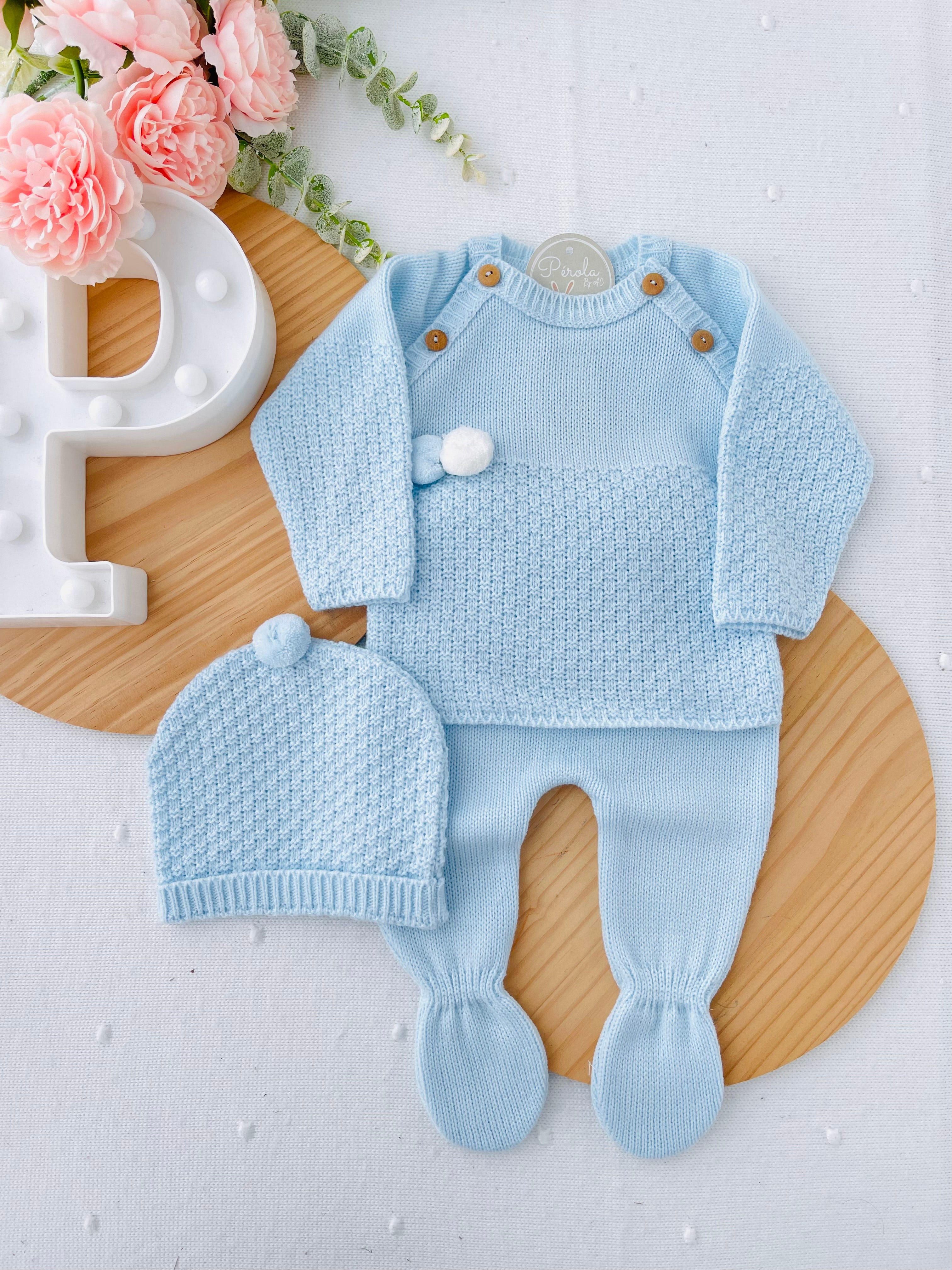 Conjunto menino malha azul: camisola, calças e gorro Outono/Inverno