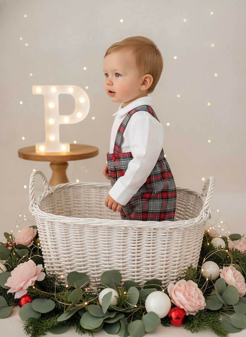 Conjunto menino xadrez cinzento e verde: Calções com alças e camisa