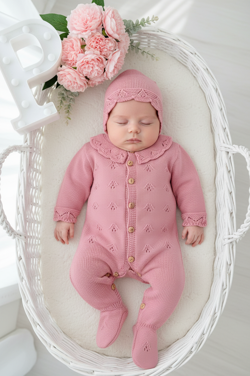 Conjunto Rosa Babygrow & Touca em Malha com Botões de Madeira