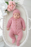 Conjunto Rosa Babygrow & Touca em Malha com Botões de Madeira