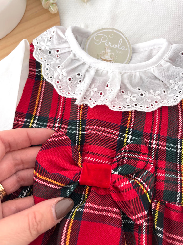 Conjunto Menina Tartan Vermelho e Preto - Vestido, Blusa e Bóina