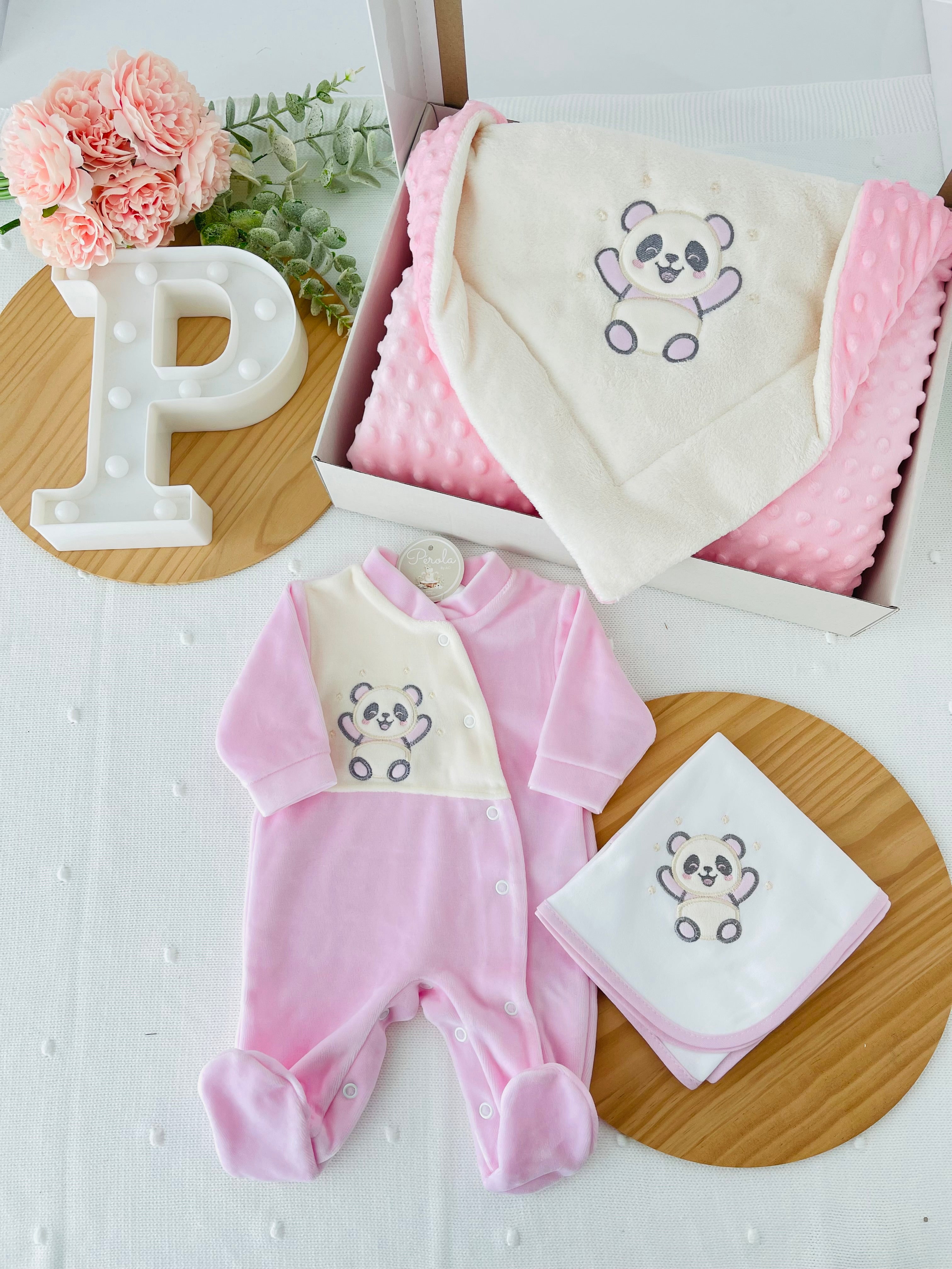 Pack panda em veludo: Babygrow, fralda e manta