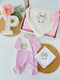 Pack panda em veludo: Babygrow, fralda e manta